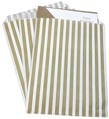 Bag It Plastics Candy Stripe Paper Sweet Bags | Gold | 7 x 9 / 175x225mm | Pack of 50 | Multipurpose Use for Sweets, Popcorn, Wedding Favours, Pick and Mix & Cookies!
