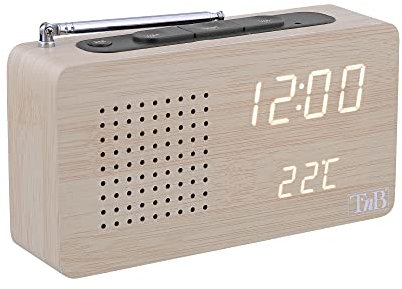 T'nB Woody - Radio despertador digital, 1 alarma programable, radio FM con escaneo automático, pantalla de temperatura, 3 niveles de brillo ajustables, formato compacto, color madera