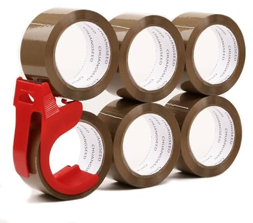 CHUANGSEED 6 Rollen,Brown packing tape with dispenser,48mmx66m Packband Paketklebeband Braun mit Plastik Abroller, Paketklebeband zum Verpacken von Paketen und Versandschachteln