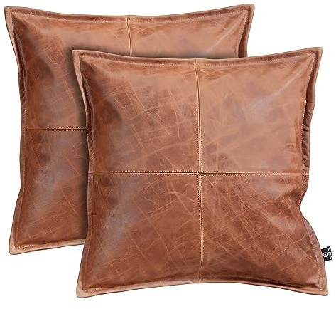 QAWACH Federa per cuscino in pelle di agnello, decorativa, per soggiorno e camera da letto, 50,8 x 50,8 cm, confezione da 2, colore: cognac
