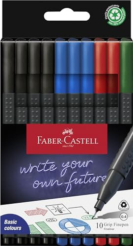 Faber-Castell 151691 - Grip Finepen Office Set, 10 Fineliner, Linienbreite 0.4 mm, schwarz, blau, rot, grün