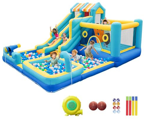 SportBob Castello Gonfiabile per Bambini, 10 in 1 Castelli Gonfiabili con Scivolo d'acqua, Piscina, Trampolino, Parete da Arrampicata, Pistola ad Acqua per Giardino Esterno, 465x380x230 cm