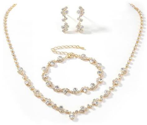 Unicra Gold Jewelry Set Bridal Wedding Rhinestone Necklace Earrings Bracelet Sets Prom Costume Jewelry for Women and Brides (Gold)
