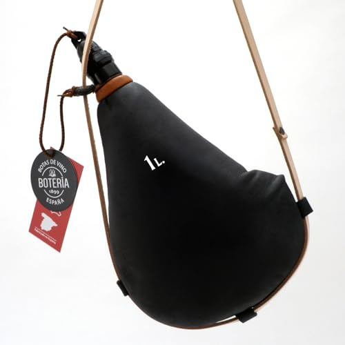 Bota de Vino Antigua Recta interior de Látex todas las Bebidas Piel de Cabra Curada Color Cuero Negro (1 Litro)