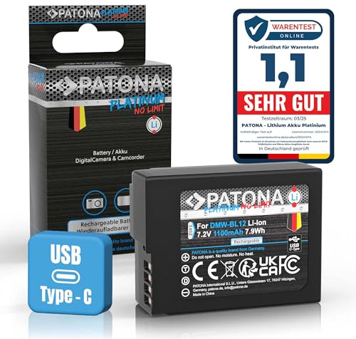 PATONA Platinum DMW-BLC12 DMW-BLC12E Akku USB-C 1100mAh kompatibel mit Panasonic Lumix DMC FZ200 FZ300 FZ330 FZ1000 FZ2000 G5 G6 G7 G70 G81 G85 G91 GH2 GX8 GX8A GX8H GX8K DMW BLC12 BLC12E