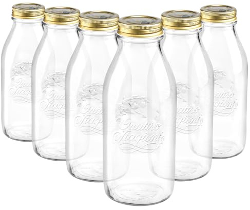 Bormioli Rocco 6x 1L Quattro Stagioni Glass Bottles with Screw Top Lid - Clear Reusable Juice Water Smoothie Drink Fridge Storage Containers