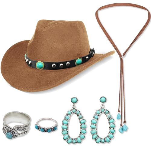 5Pcs Cowboy Hat Accessories for Women, Western Cowgirl Costume Set with Wide Brim Cow boy Hat Turquoise Necklace Earrings Rings 70s Boho Hippy Fancy Dress for Adult Cosplay Carnival Halloween