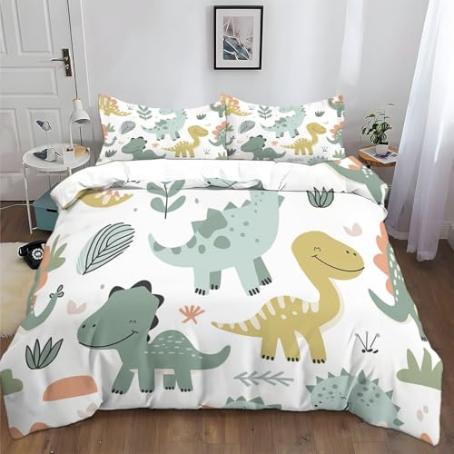 Set Copripiumino per Bambini 200x200 cm Dinosauro Carino Cartone Animato Bianco Copripiumino Cotone Poliestere Chiusura con Cerniera, Set Biancheria da Letto Stampa Digitale, per Bambini Adulti