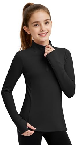 JOCMIC Girls Half Zip Athletic Jacket, Equestrian Horse Riding Long Sleeve Shirt, Kids Workout Jackets for Golf Black 5-6 Years