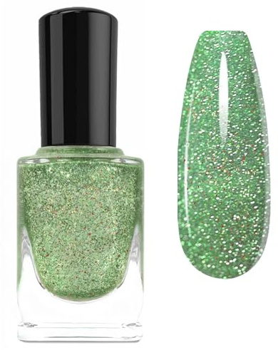 Glitter Nail Polish,Quick Dry Nail Varnish,Pink Shimmering Sparkly Nail Polish Holographic Rose Gold Nail Paint,High Glossy Long Lasting Nail Art No Need UV DIY Nail Art (Green)
