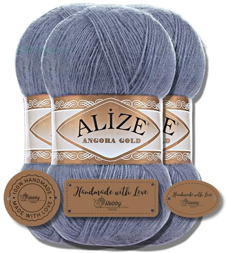 Hobby YARN Alize 3 x 100 g med 3 x etikett som set Angora guld, turkisk premiumull, tunn mohair av ny ull, babyull som stickgarn, handstickgarn, enfärgad, uni Yarn (203)