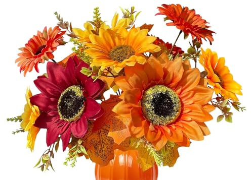 DUOHERESHUI 2 Ramos Girasol De Plástico Flores Artificiales, Flores Artificiales Otoño, para Decorar La Mesa del Dormitorio o La Sala De Estar, para Acción De Gracias, Halloween y Decoración Otoñal