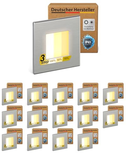 ledscom.de Luminaire d'escalier/encastré mural FEMA à 15 LED pour l'intérieur et l'extérieur, de forme carrée, en acier inoxydable, 80 x 80 mm, blanc chaud