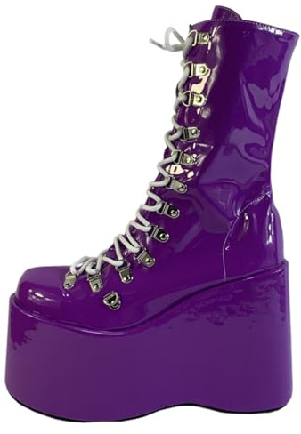 WDUDSUDUW Stivaletti con Plateau da Donna alla Moda - Stivaletti Bassi in PU con Punta Tonda, Cerniera, Tacco A Zeppa, Stile Gotico,Viola,39 EU