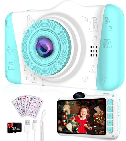 Cámara infantil, pantalla grande de 3,5 pulgadas, cámara digital para niños con tarjeta de 32 GB, 1080P HD 12 MP, anticaída, recargable por USB, cámara selfie para niños de 3 a 12 años, regalo de