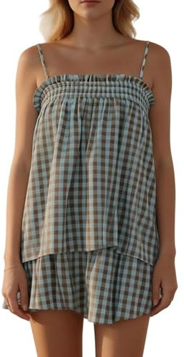 Lshyuehao Women Gingham 2 Piece Pajama Set Flowy Peplum Babydoll Cami Top Wide Leg Shorts Sets Summer Lounge Outfit (A-Blue, S)