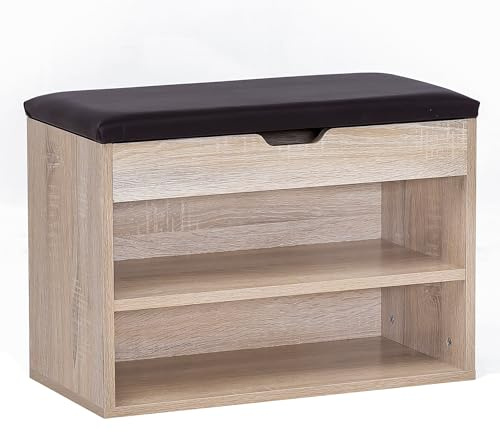 FineBuy Schuhbank mit Sitzfläche Garderoben-Bank Holz 60 x 40 x 30 cm, Holzbank klein gepolstert, Sitzbank schmal Flur mit Stauraum, Truhenbank Schuhtruhe Flurmöbel Sonoma