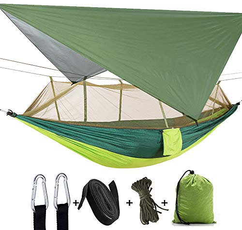 Camping Tree Hammock Heavy Duty Waterproof Lightweight Two Person Nylon Eqiup Jammock with Mosquito Net, Tent for Hiking Outdoor Travel Beach Backpacking Survival (Colorful Green)