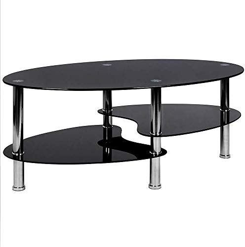 Wefun - Mesa de centro ovalada con tablero de cristal y 3 patas para salón, 90 x 50 x 43 cm, Negro , 90 x 50 x 43 cm