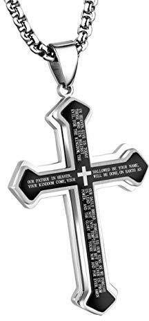 OLEVS Black Silver Men's Cross Pendant Necklace Large Stainless Steel Cross Pendant Necklace Silver for Men