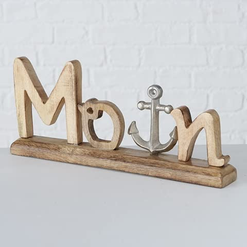 Dekoaufsteller Schriftzug Moin mit Anker, aus Mangoholz und Aluminium, 30x16x5cm