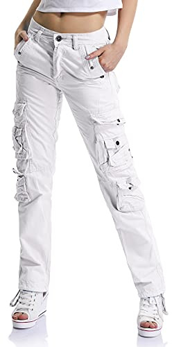 Aeslech Pantaloni cargo da donna, da lavoro, da combattimento, gamba dritta, con tasche, per donna, casual, escursionismo, all'aperto, bianco, 34