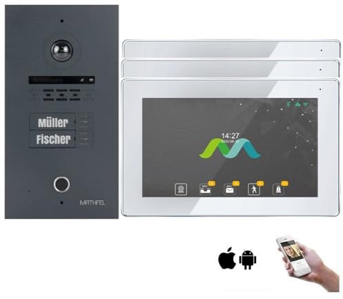 MATHFEL 2 Familienhaus Fingerprint 2 Draht Bus WLAN Video-Türsprechanlage, 3x10 Zoll Monitor mit Full HD 2 Megapixel 170 Grad Weitwinkelkamera -Außenstation in Anthrazit mit Gravur