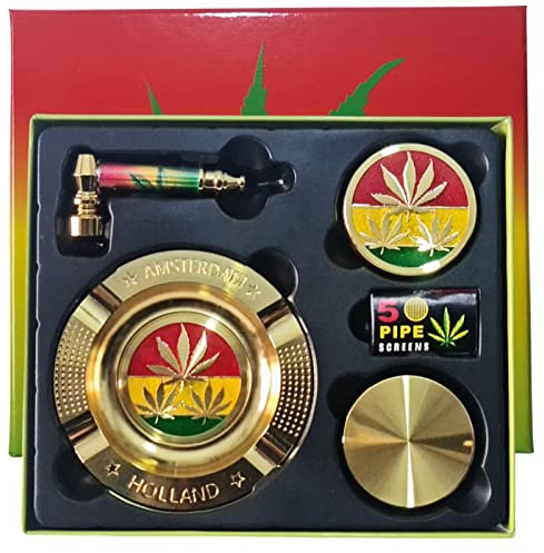 Zactly Exclusive 5 in 1 Smoker Smoking Accessories Kit 2 Collection Bundle, Tobacco Metal Ashtray, 4-Tier Crusher, Smoking Pipe, Steel Mesh/Filter and Presentable Gift Box (Amsterdam Leaves Design)