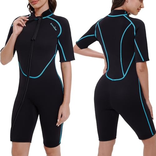 OMGear Diving Suit 3mm Neoprene Wetsuit Women Shorty Suit Short Sleeve Snorkel Suit Scuba Dive Suits Swimwear(WomenAqua75,2XL)