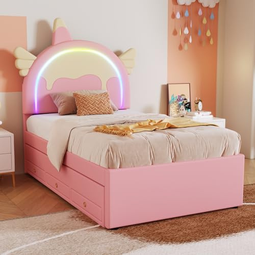 Idemon 90 x 200 cm Cuna de dibujos animados con forma de unicornio, equipada con cama enrollable extraíble, material de poliuretano, color rosa, WX000534