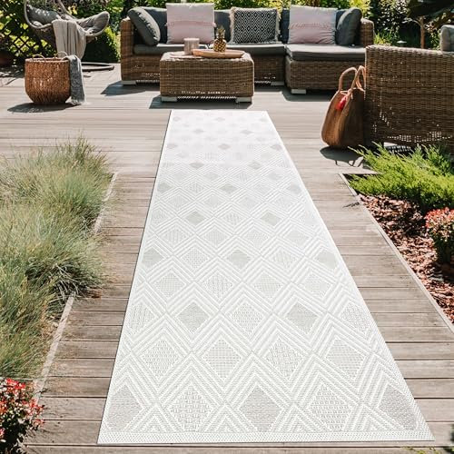 Teppich-Traum Teppich Outdoor Läufer Flur Garten Balkon Terrasse witterungsbeständig UV-Beständig robust mit speziellem Rautemuster in Creme, 80 x 300 cm