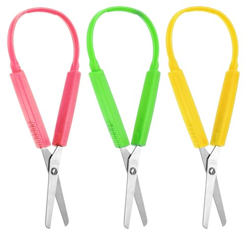 3Pcs Loop Scissors Adaptive Design Scissor Colorful Handle Self-Opening Safety Scissors for Kids Children Schools Special Need 5.5 Inch(Green, Yellow, Pink)