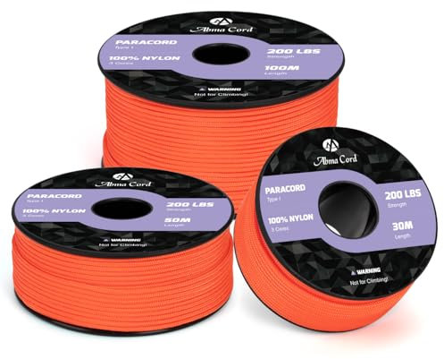 Abma Cord Paracord 2mm 100m Nylonschnur 3 Kern Seil Typ I Schnur für Basteln, Camping, Outdoor - Max. 90kg (200lbs) - Neon Orange