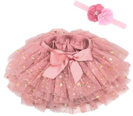 Beganly Baby Girls Soft Fluffy Ruffles Tulle Skirt with Diaper Cover Toddler Princesses Party Tutu Sets with Flower Headband Dusty Rose Stars M