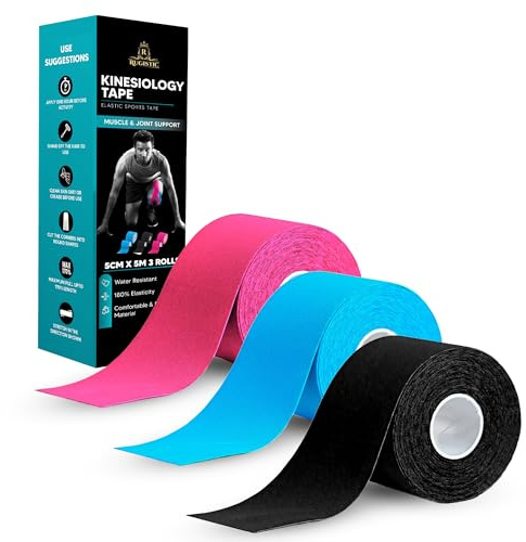 Rugistic Kinesiology Tape Pack of 3 | 5cm x 5m Sports Tape for Muscle & Joint Support | Latex-Free Adhesive – Breathable Cotton Elastic Physio Tape for Athletes, Gym & Sports Use