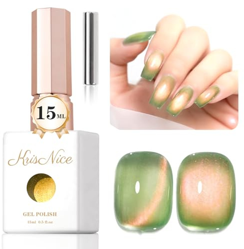 KRISNICE Green Cat Eye Gel Nail Polish, 15ML Holographic Olive Green Cat Eye Glitter Magnetic Gel Polish Soak off UV LED Gels Salon Manicure Art DIY at Home(Galaxy-MY013)