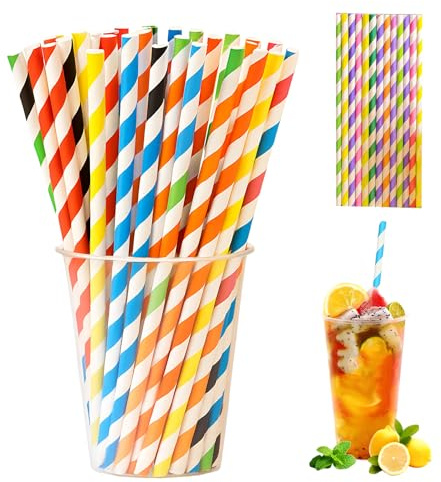 glowgare 100 cannucce usa e getta in plastica, strisce colorate, ecologiche e biodegradabili, cannucce per cocktail, frullati, succhi, acqua e bevande calde (0,24 x 7,76)