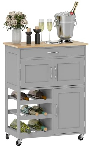 HOMCOM Modern Kitchen Trolley, Rolling Island Storage Cart with Drawer, 9-bottle Wine Rack, Door Cabinets, Wooden Countertop, Grey