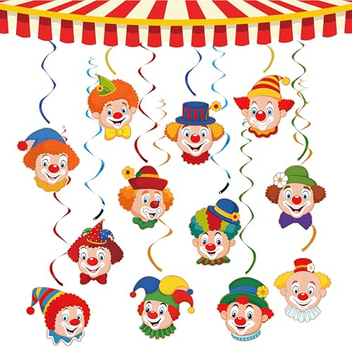 Lot de 12 guirlandes de clown en spirale - Motif clown - Serpentins pour décoration suspendue - Pour carnaval, cirque