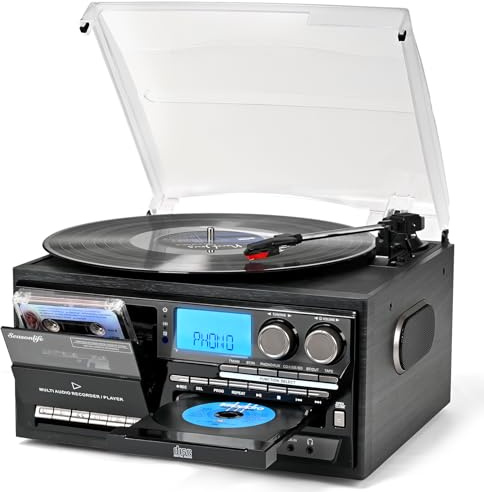 Vinyl Record Player Built-in Speakers 10 in 1 Vintage Turntable with CD Cassette Tape AM FM Radio Function 3 Speed BT Input Output LP Player Support USB SD AUX RCA Playback Auto Stop Retro Wood Black