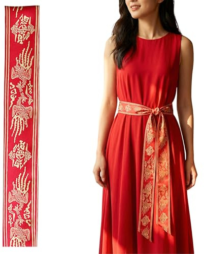 LEESLE Royal Korean Belt – Wonsam Inspired Hanbok Waist Sash for Women, Embroidered Traditional Fashion Scarf, 7 Colors (Red)