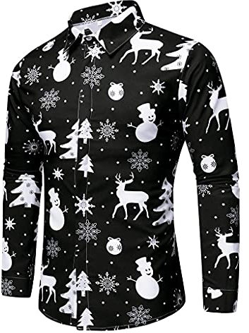 Celucke Weihnachtshemd Herren 3D Druck Hemden Langärm Freizeithemd Weihnachten Sweatshirt Hemd Slim Fit Lustige Funky Shirt mit Christmas Santa Design (Schwarz, XL)