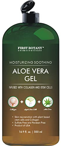 First Botany, Pure Aloe vera gel 100% Fresh Pure Aloe Infused with Stem Cells, Collagen Tea Tree Oil Natural Raw Moisturizer for Face Skin Body Hair Perfect for Sunburn, Acne, Razor Bumps 16.9 fl oz