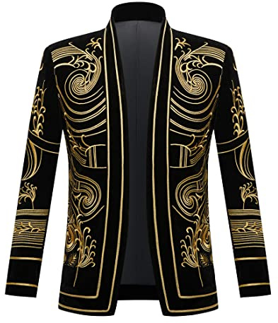 PYJTRL Blazer élégant en Velours Noir avec Broderie dorée pour Homme (3XL, Fleur Dorée.)
