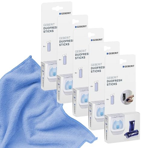 Geberit Sticks 244.600.00.1, 5er Set a 8 Sticks, für Duofresh Einwurfschacht, Wasserkastensticks - inklusive Mikrofasertuch by kör4u - Made in Germany