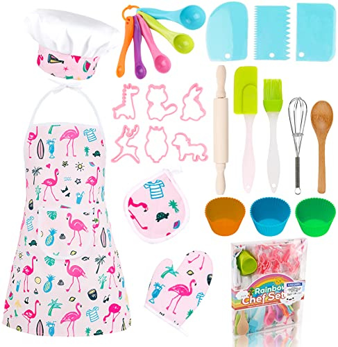 KAEGREEL Cucina Giocattolo per Bambini, 26Pz Set Utensili Cucina da Forno con Grembiule Fenicottero/Cappello Chef/Cucchiai/Frullino, Regali di Ruolo da Chef per Ragazzi Ragazze 3+ Anni