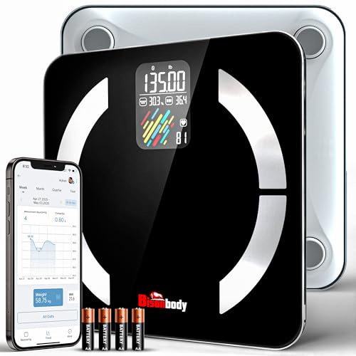 Bisonbody Smart Digital Scale for Body Weight and Fat Percentage, 22 Body Composition Data Detection, Durable Tempered Glass, 4 Electrodes Sensors, Large Colorful Display, Smartphone App Connection