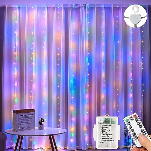 Lezonic Battery Curtain Lights, 3m x 3m 300LED Curtain Fairy Lights with Remote, 8 Modes Fairy Lights Battery Operated for Indoor Outdoor, Garden, Wedding, Christmas(Multi-Coloured)