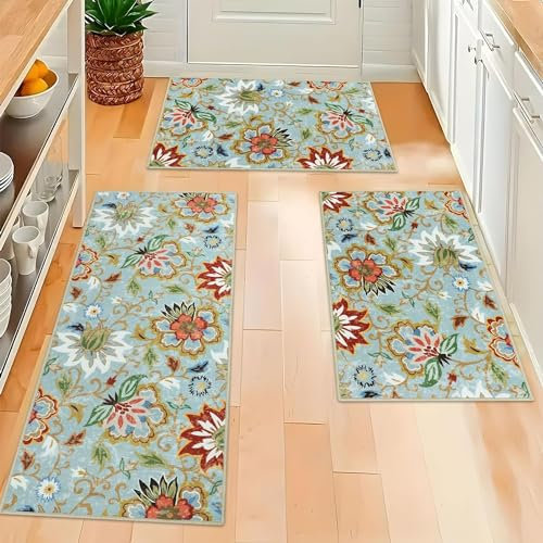 Homcomodar Boho Floral Kitchen Rugs Sets 3 Piece with Runner Kitchen Mats for Floor Non Slip Kitchen Rugs and Mats Washable Kitchen Runner Rug Sets for Hallway Laundry Kitchen