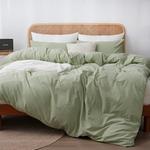 ATsense Bettwäsche 155x220 Baumwolle 2teilig, Stonewashed Bettwäsche-Sets Hellgrün Ähnlich wie Leinen, Oeko-TEX, Hypoallergen und Atmungsaktiv, 1 Bettbezug und 1 Kissenbezug 80x80
